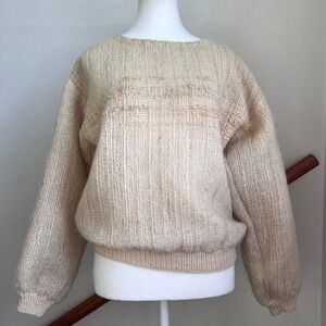 Vintage Hand Knit Chunky Mohair Sweater Medium Cream Beige Boho Artisan Knit